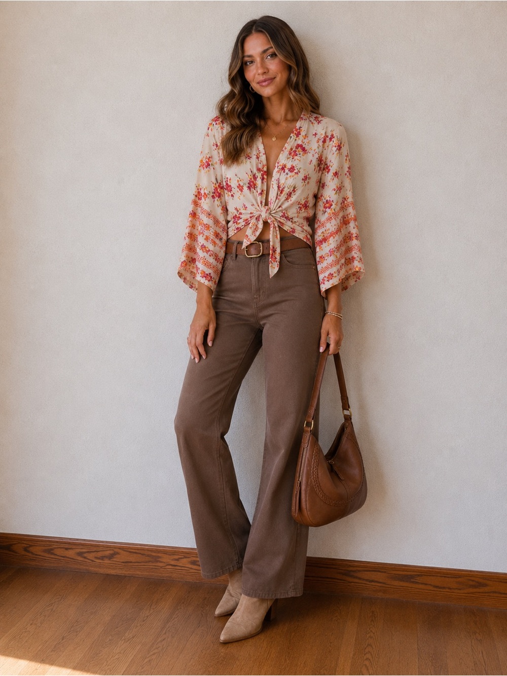 Cato Floral Front Tie Cardigan Top Boho Bell Sleeve Blouse Flowy